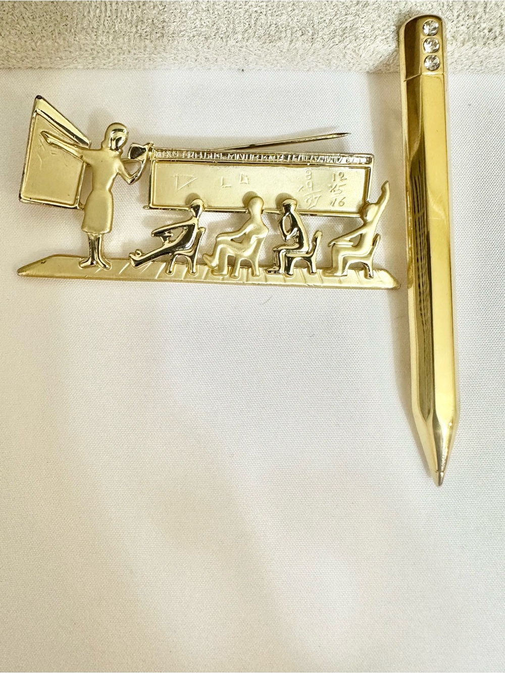 Vintage Signed AJC Gold Classroom Sceen and Pen Brooch Set (2 pcs)